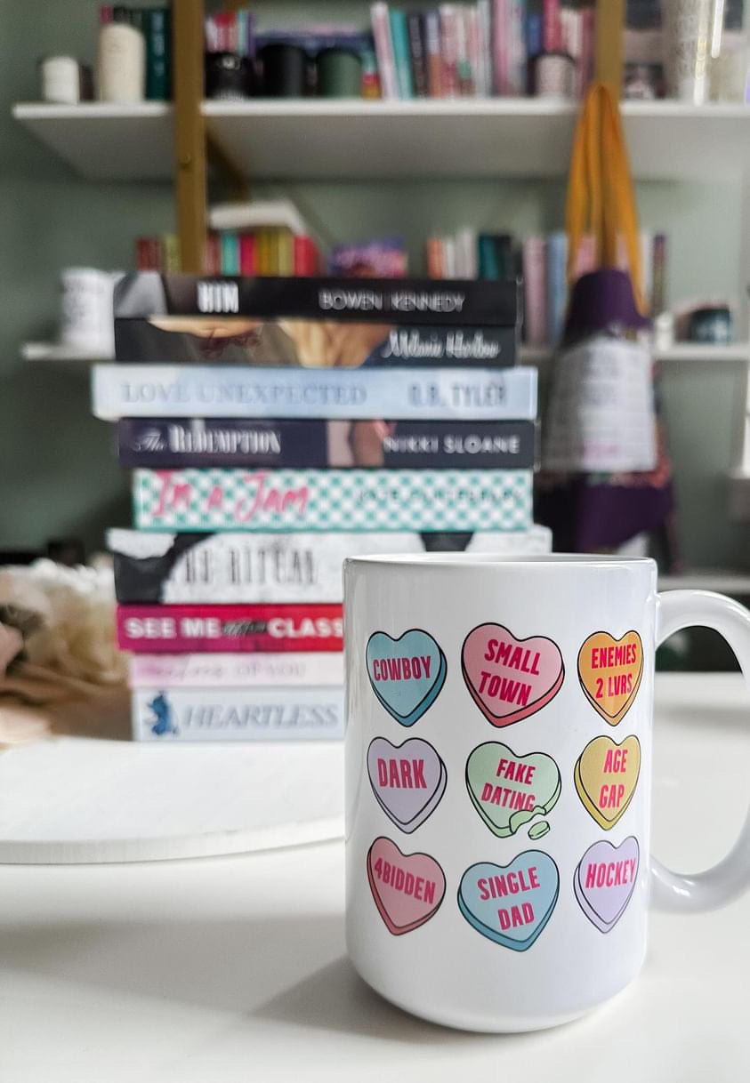 Romance Tropes Candy Hearts Valentines White glossy mug