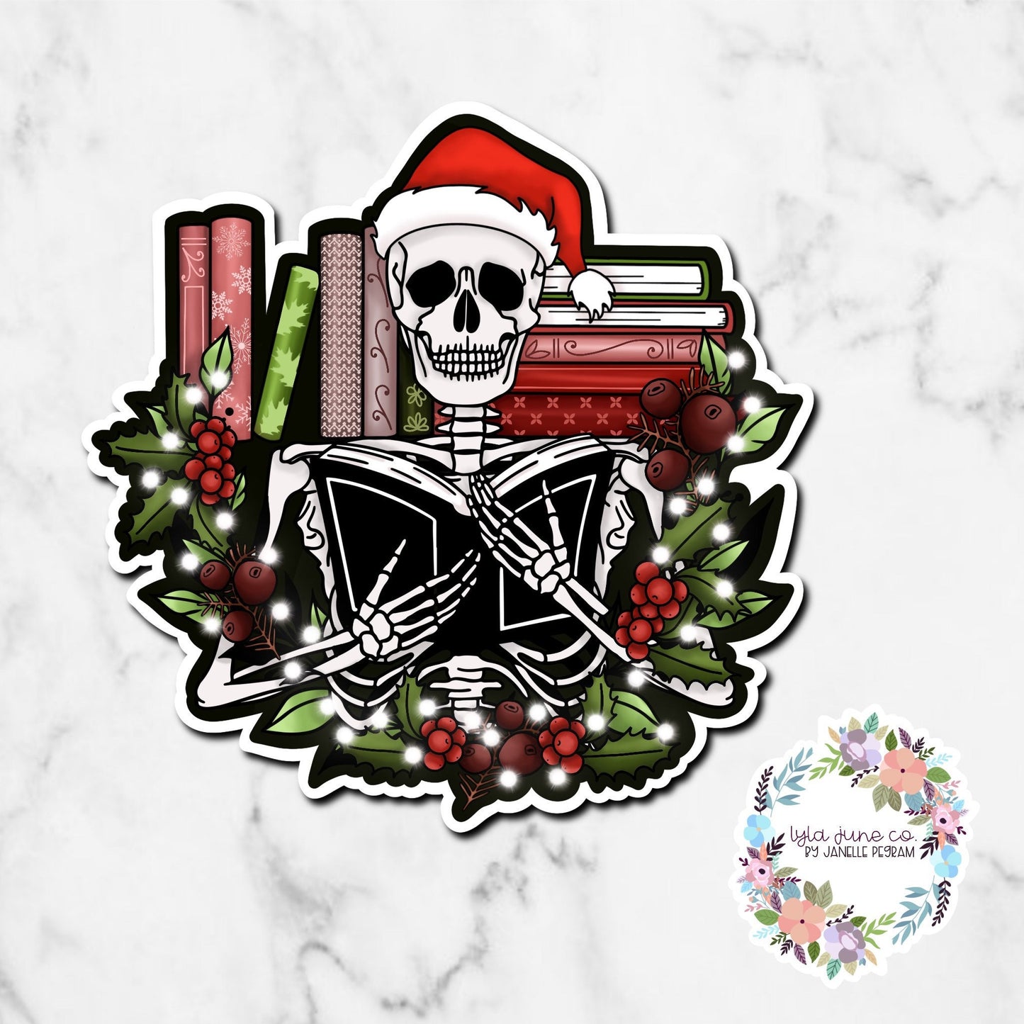 Holiday Skeleton Reader Christmas sticker