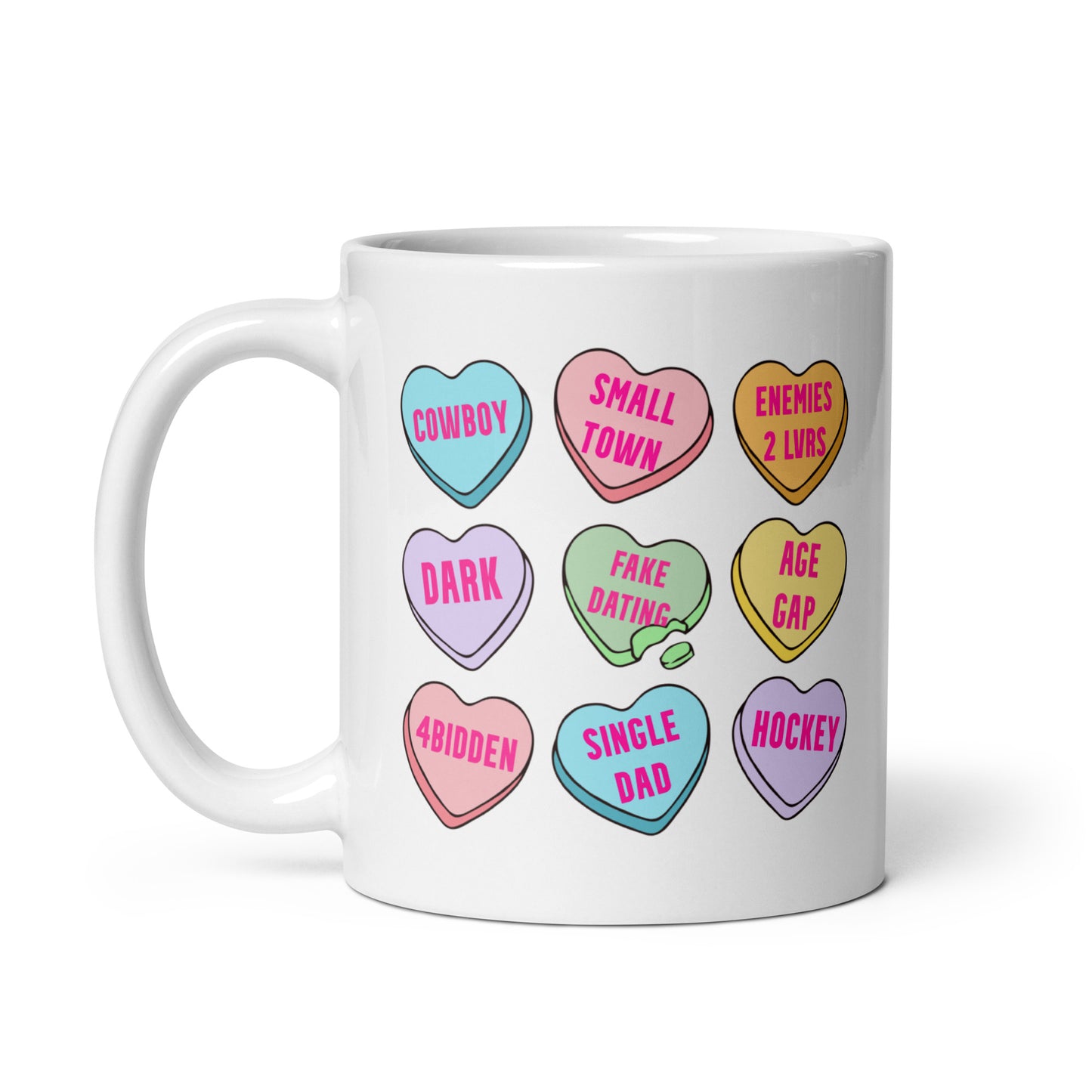 Romance Tropes Candy Hearts Valentines White glossy mug