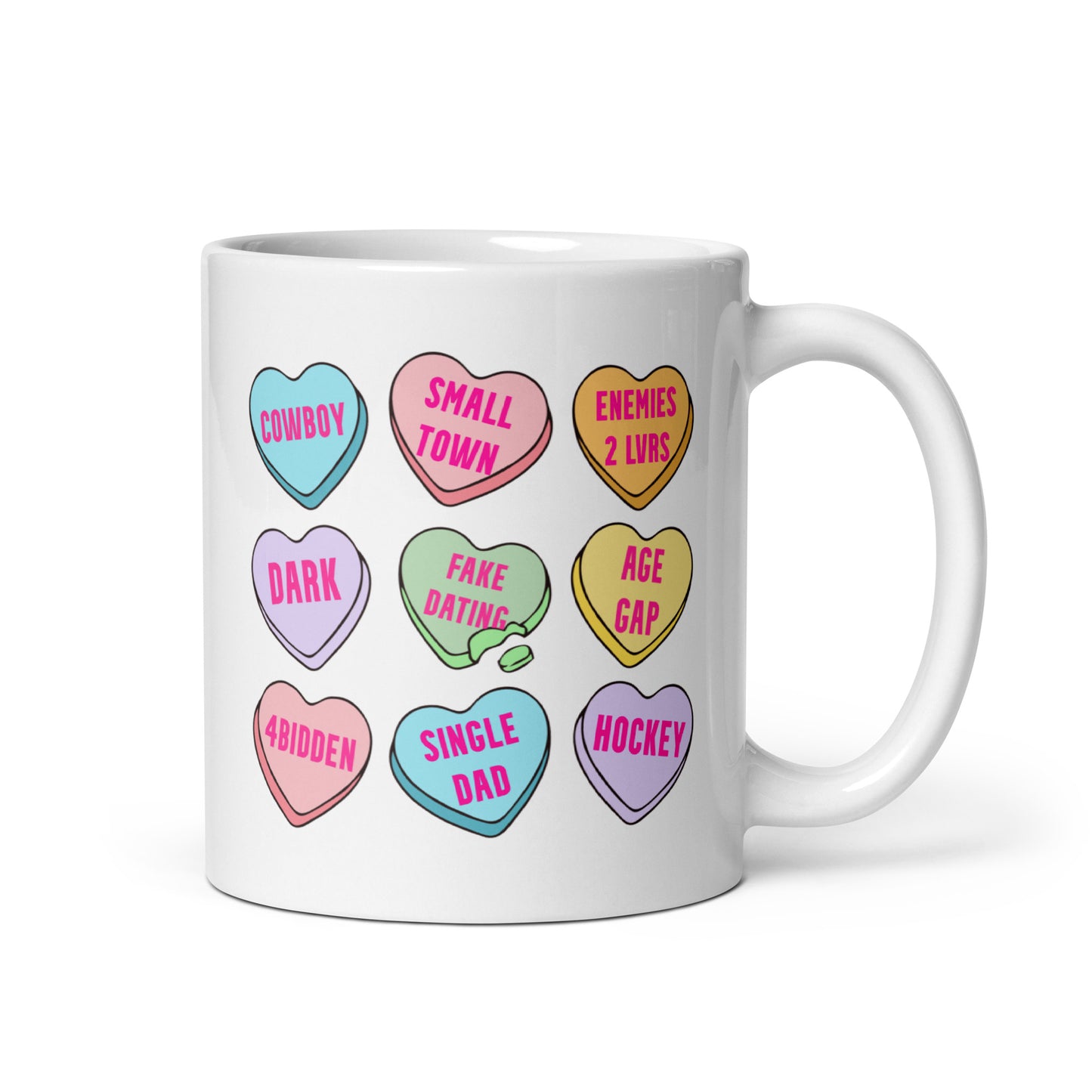 Romance Tropes Candy Hearts Valentines White glossy mug