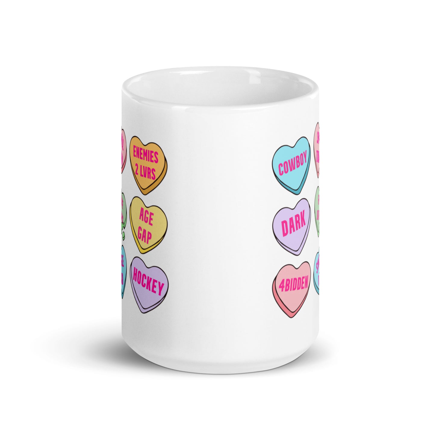 Romance Tropes Candy Hearts Valentines White glossy mug