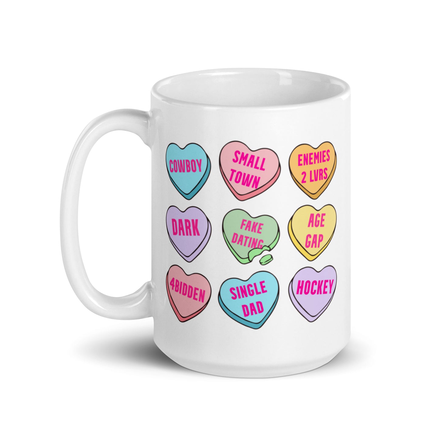 Romance Tropes Candy Hearts Valentines White glossy mug