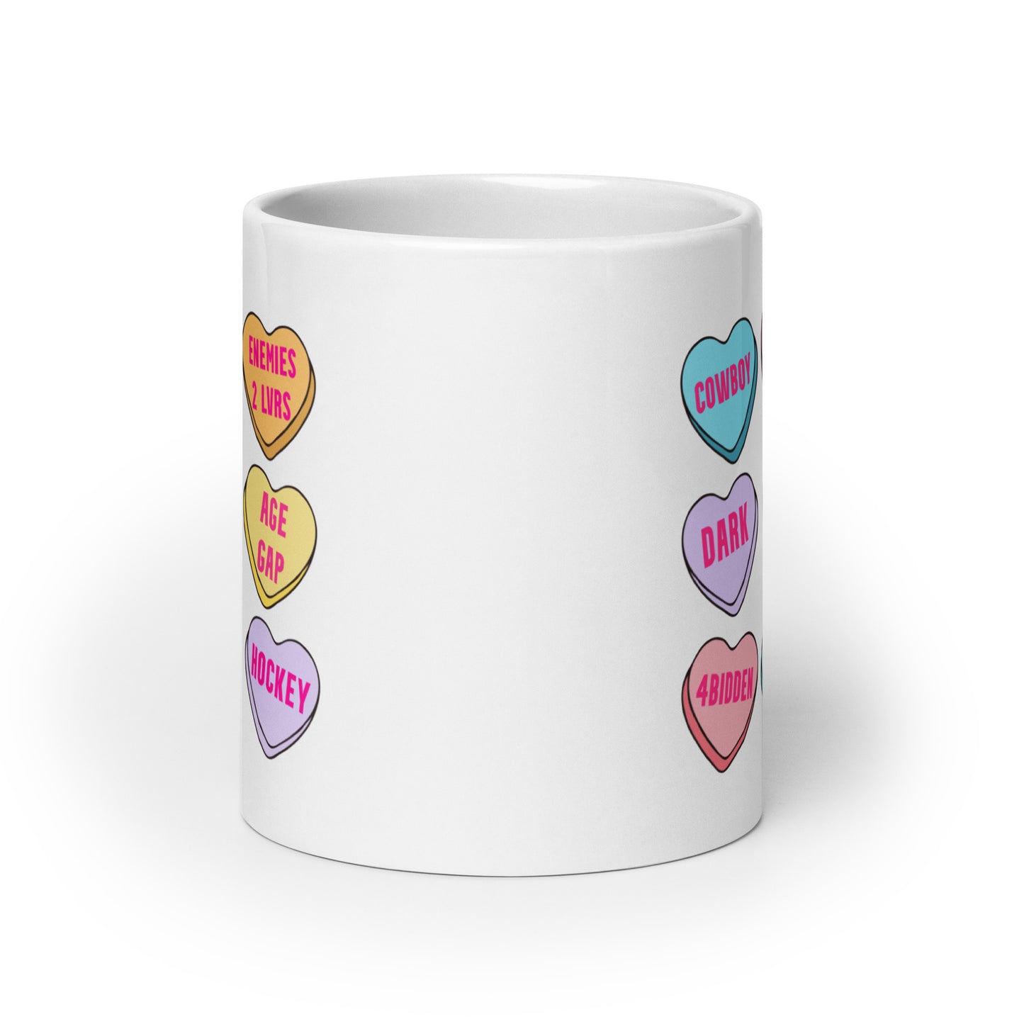 Romance Tropes Candy Hearts Valentines White glossy mug