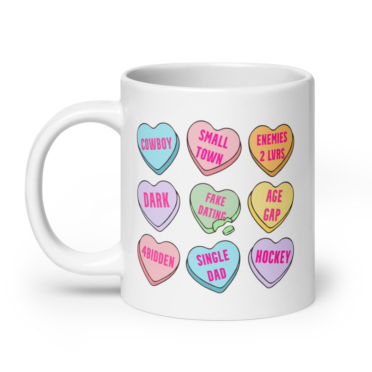 Romance Tropes Candy Hearts Valentines White glossy mug