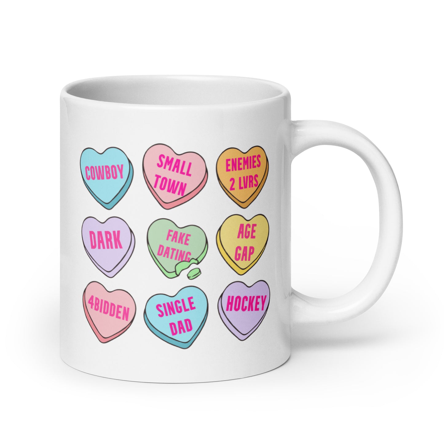Romance Tropes Candy Hearts Valentines White glossy mug