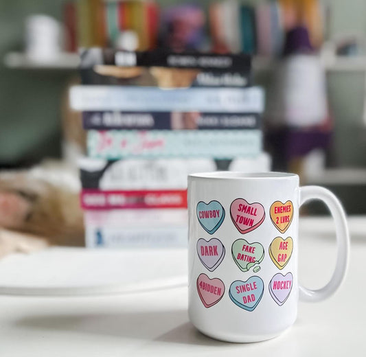 Romance Tropes Candy Hearts Valentines White glossy mug