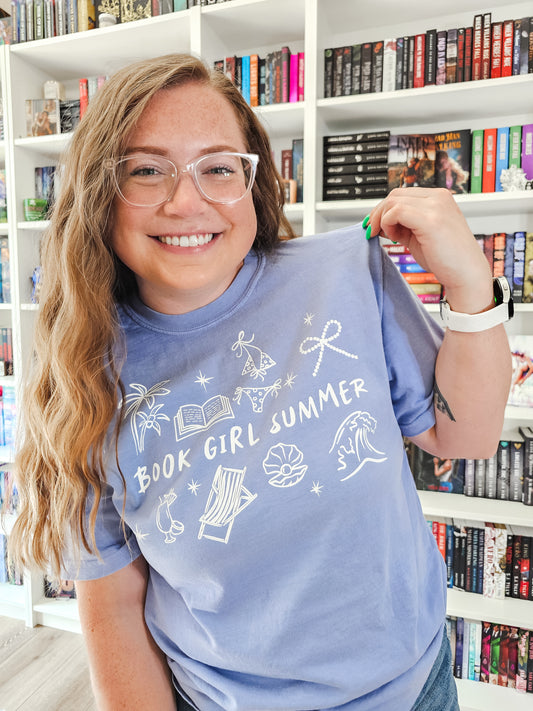 Book Girl Summer (blue) heavyweight t-shirt