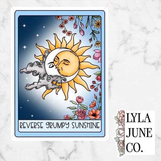 Reverse Grumpy Sunshine Tarot Card sticker - The Shake Off by Lulu Moore