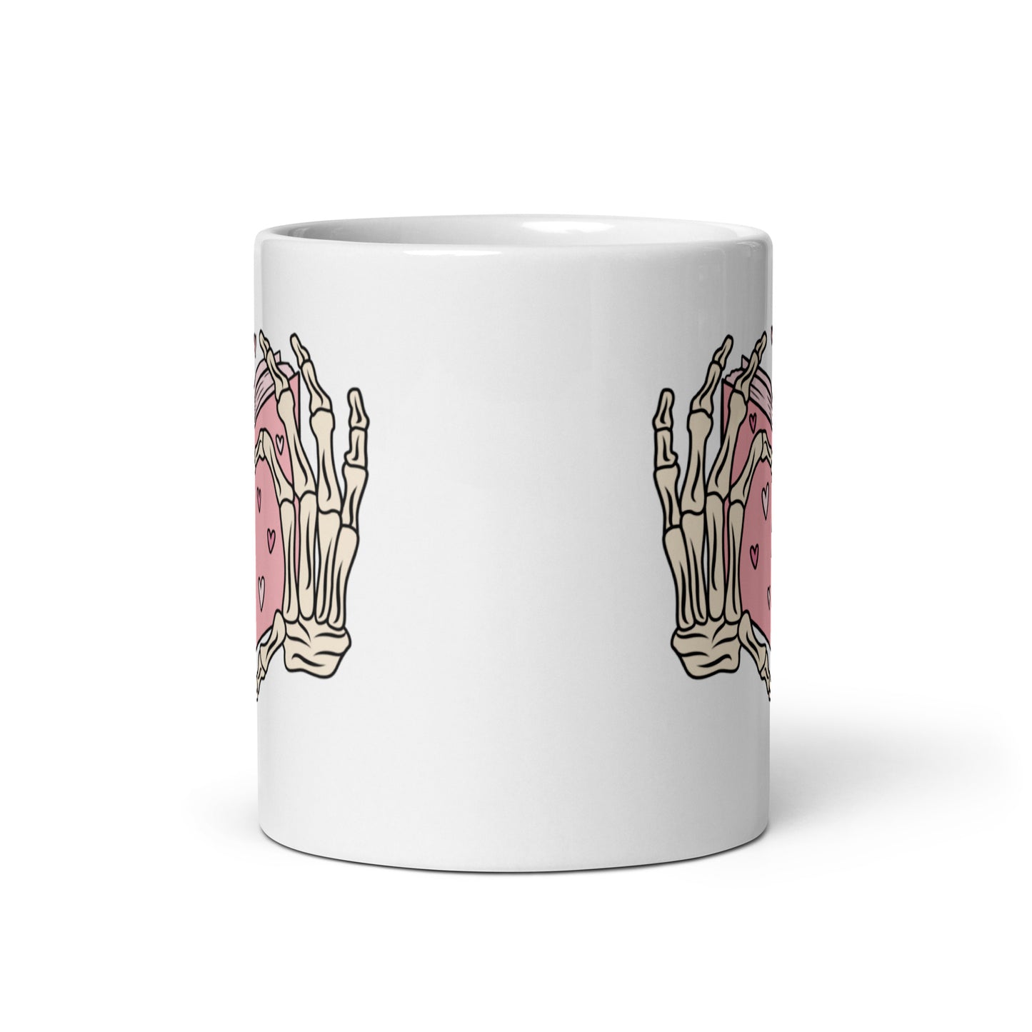 Skeleton Heart Hands Valentines White glossy mug