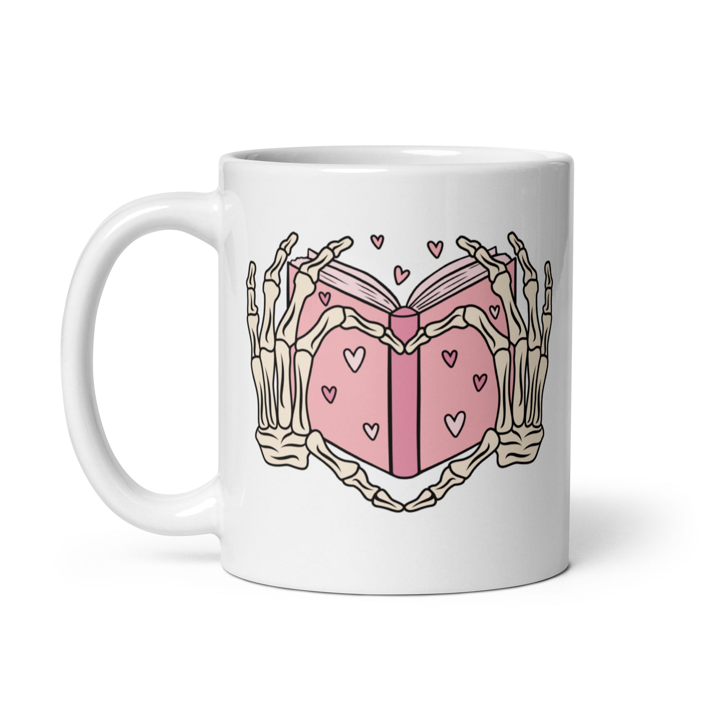 Skeleton Heart Hands Valentines White glossy mug