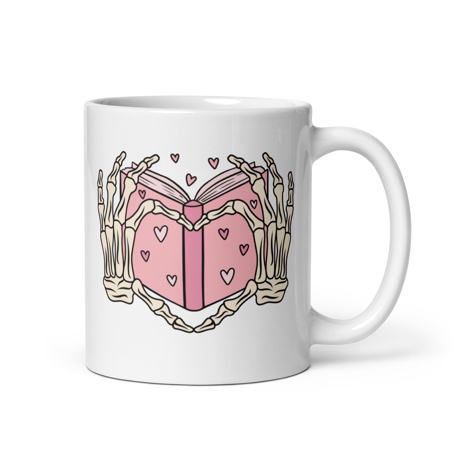 Skeleton Heart Hands Valentines White glossy mug