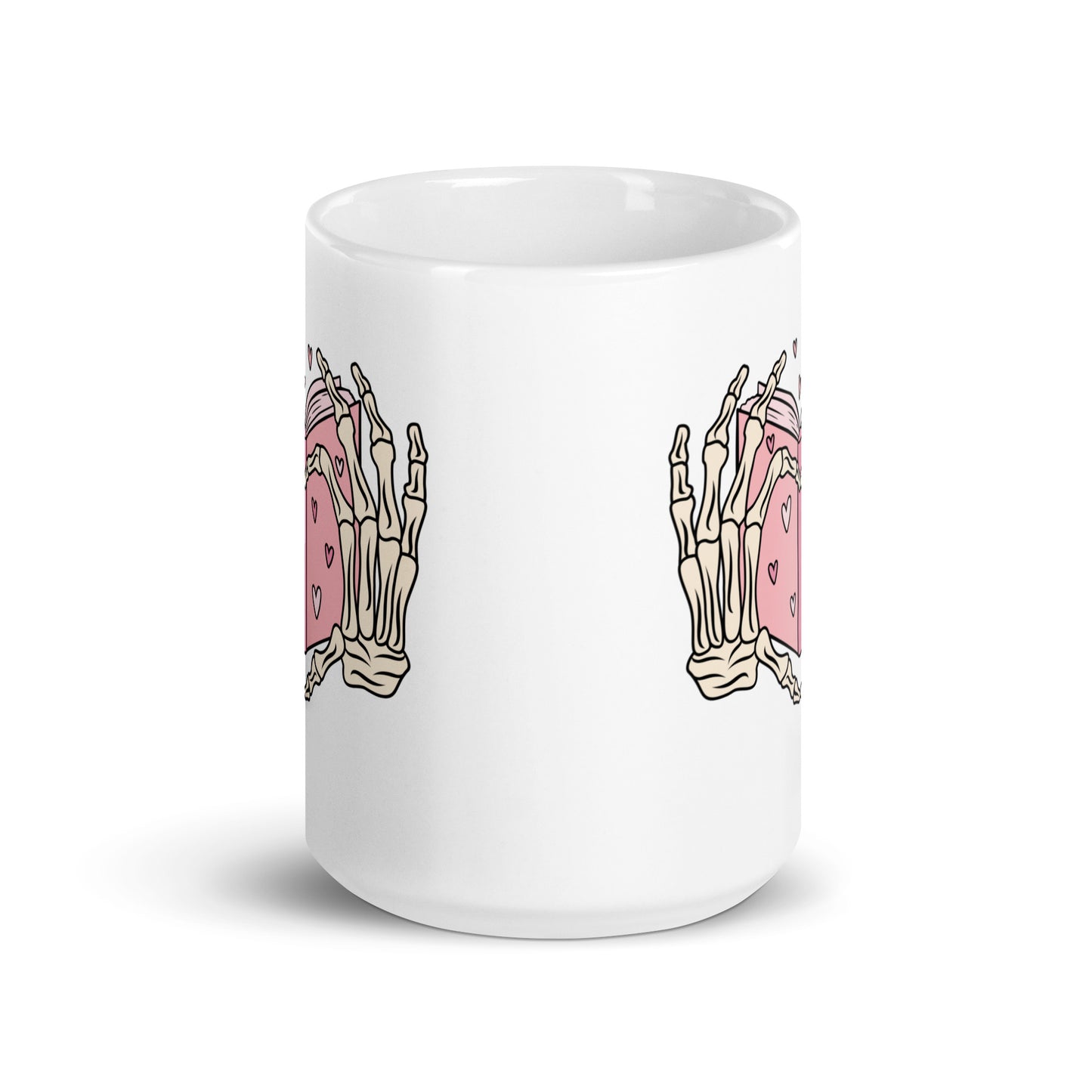 Skeleton Heart Hands Valentines White glossy mug