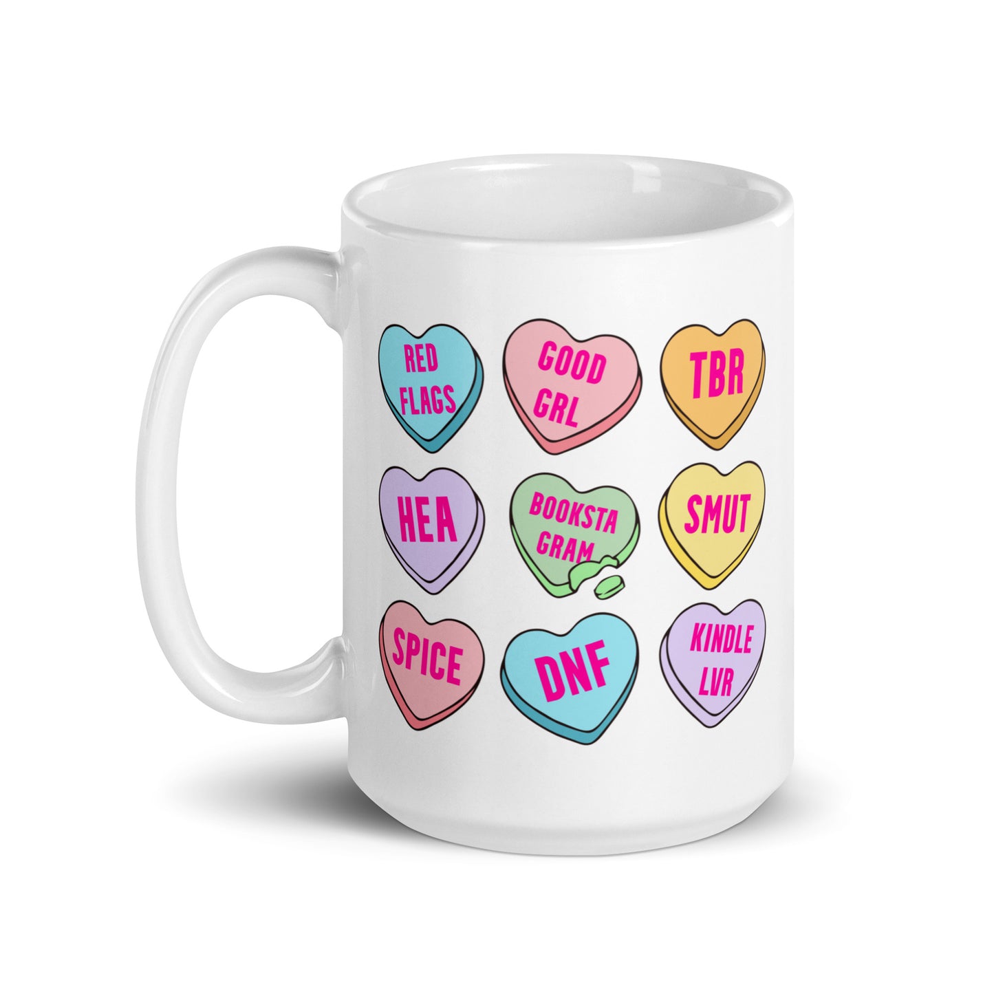 Bookstagram Candy Hearts Valentines White glossy mug