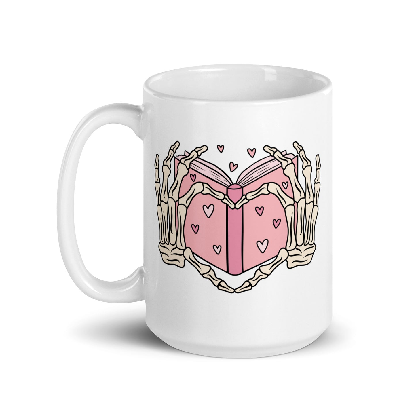 Skeleton Heart Hands Valentines White glossy mug