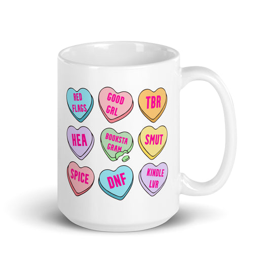 Bookstagram Candy Hearts Valentines White glossy mug