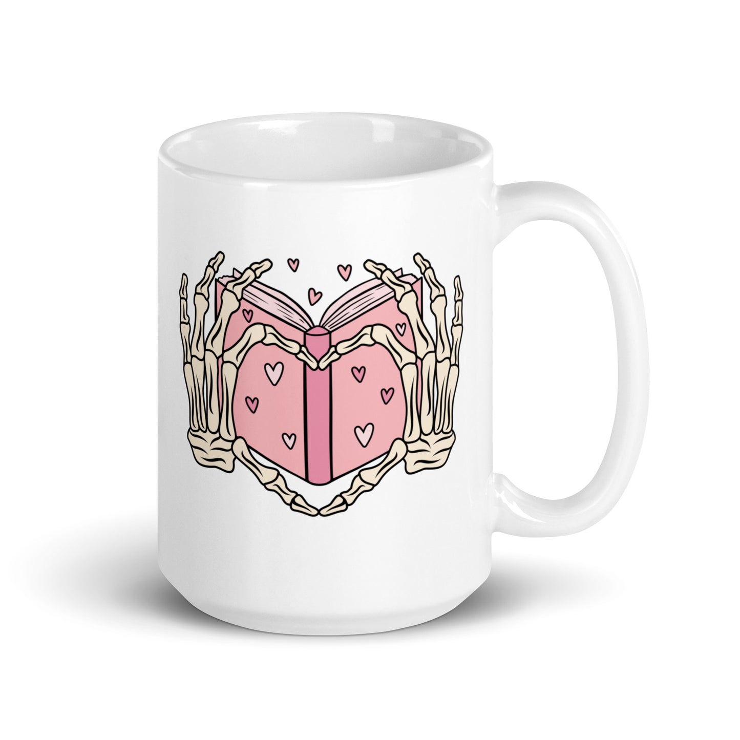 Skeleton Heart Hands Valentines White glossy mug