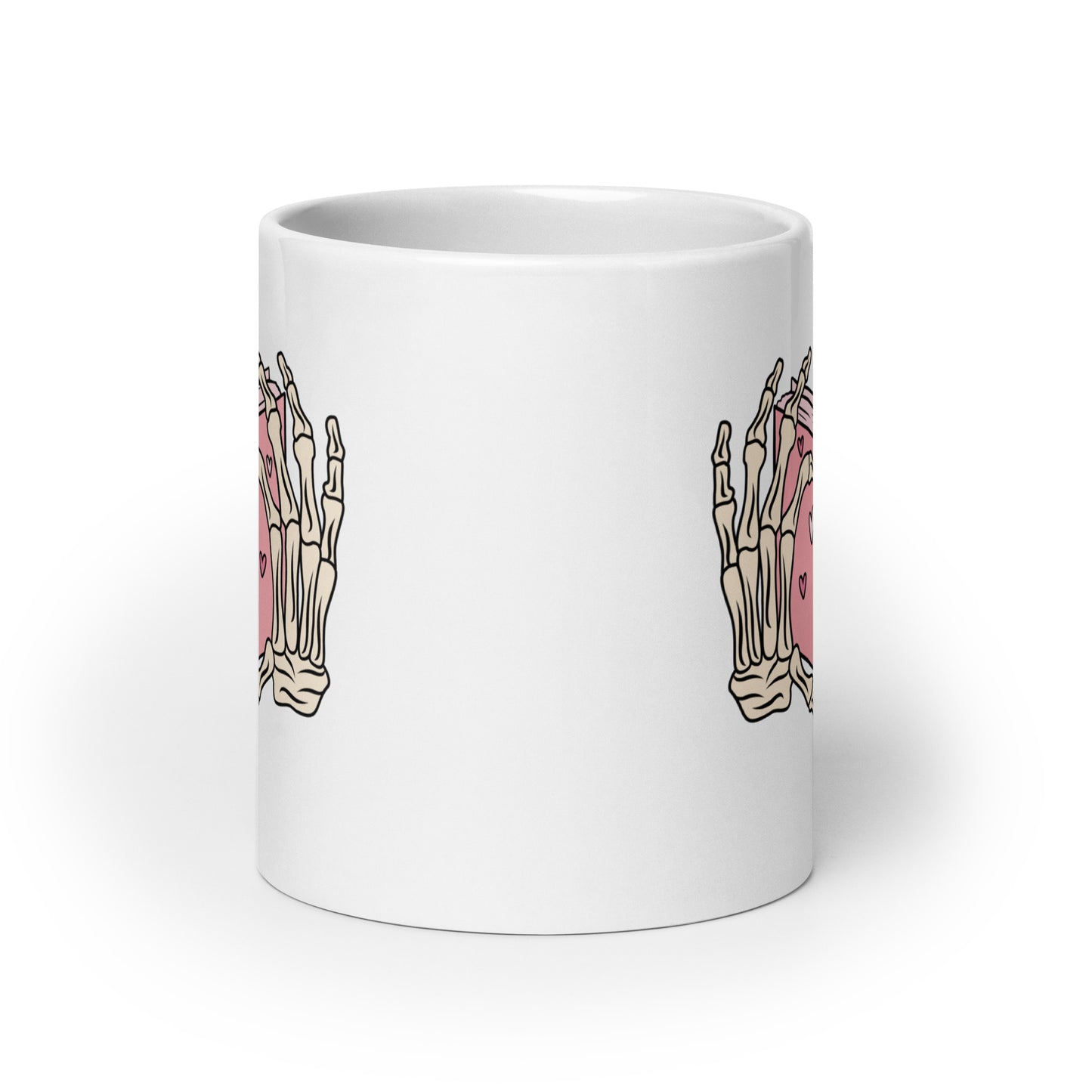Skeleton Heart Hands Valentines White glossy mug
