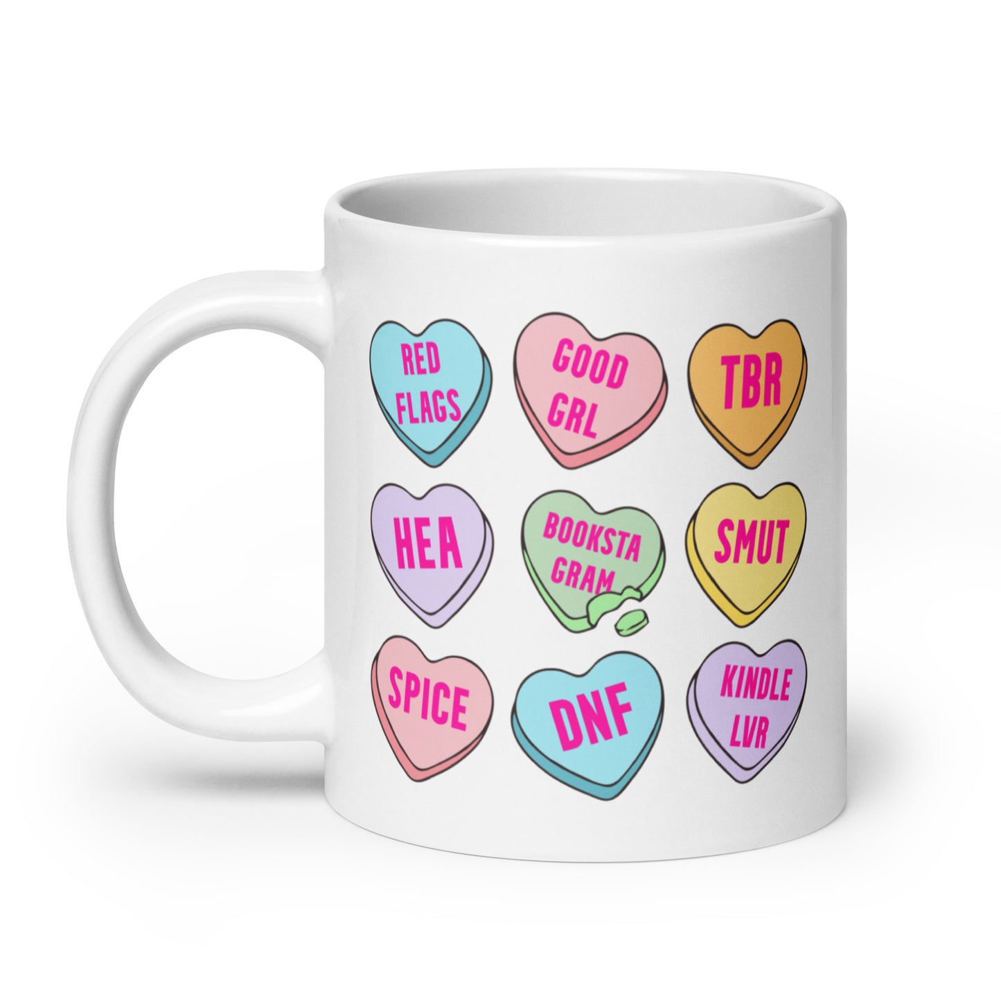 Bookstagram Candy Hearts Valentines White glossy mug