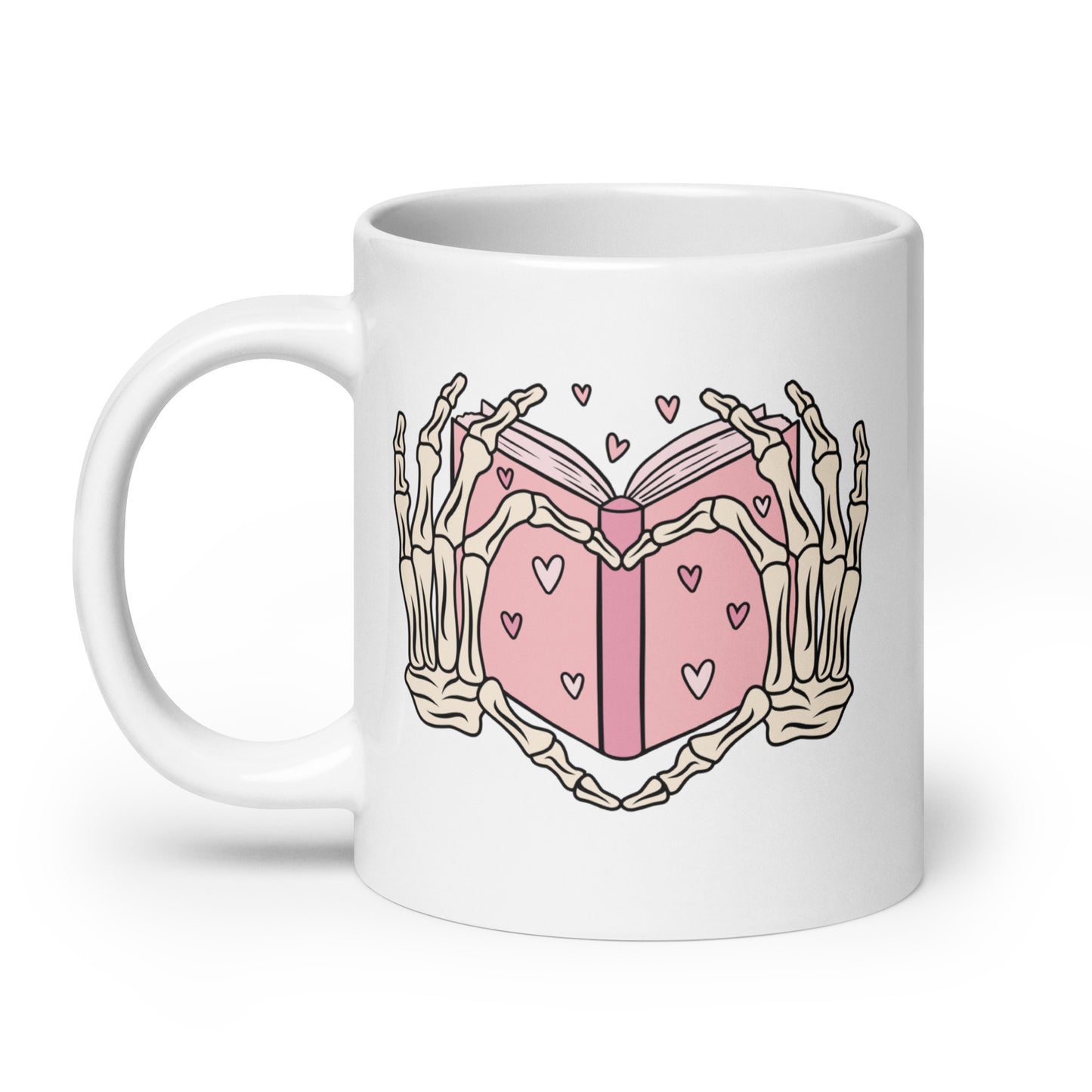 Skeleton Heart Hands Valentines White glossy mug